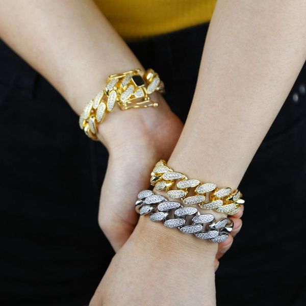 

2020 women men's chunky iced out bling hiphop sparking bling 5a cubic zirconia 18mm width miami cuban link chain cz bracelet, Golden;silver