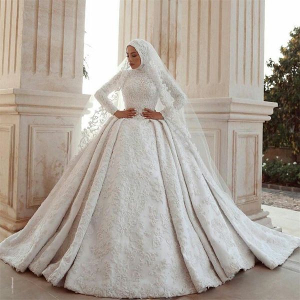 Abiti da sposa in mezzo musulmano orientale con velo nuovi abiti da sposa taglie forti da sposa a maniche lunghe in pizzo applicato elegante vestido de nolia