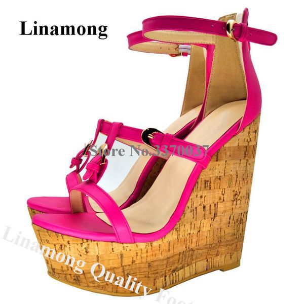 

linamong summer fashion open toe high platform wedge sandals rose red orange buckles wedges height increased dress shoes, Black