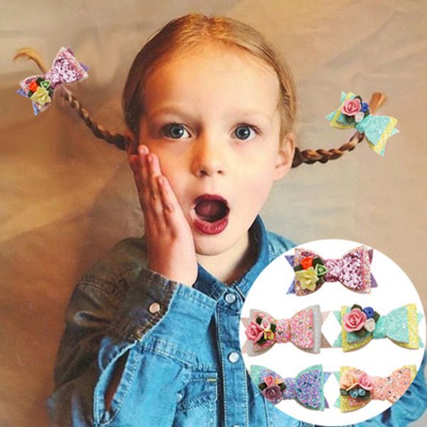 

boutique ins 12pcs fashion cute glitter floral bow hairpins solid flower bowknot hair clips princesss headwear hair accessories, Slivery;white