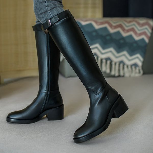 

new knee-high boots cow leather high heel elegant round toe warm short plush winter shoes boots, Black