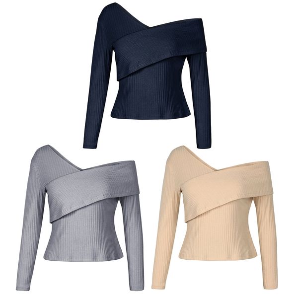 

осень женщины sexy с плеча пуловер вершины v-образным вырезом с длинным рукавом slim fit мундир d08e, White