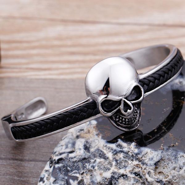 

316l stainless steel bracelet open bangle for male punk rocker hand jewelry braided leather bracelet men dropshipping, Black