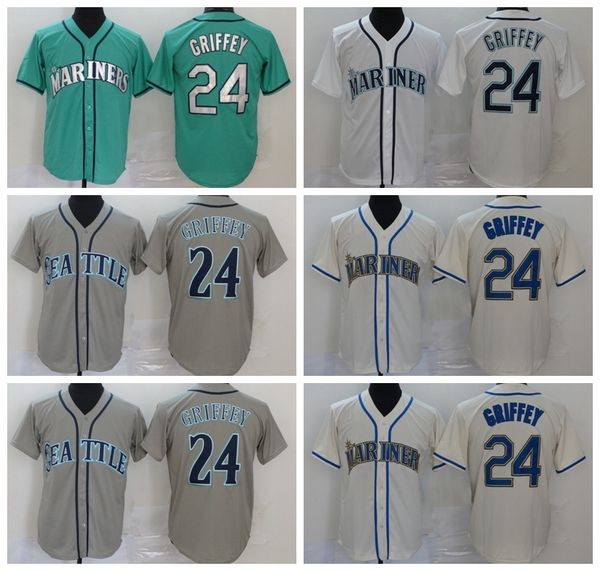 

men 2020 baseball 24 ken griffey jersey stitched flexbase cool base home green grey white beige team color breathable good quality, Blue;black