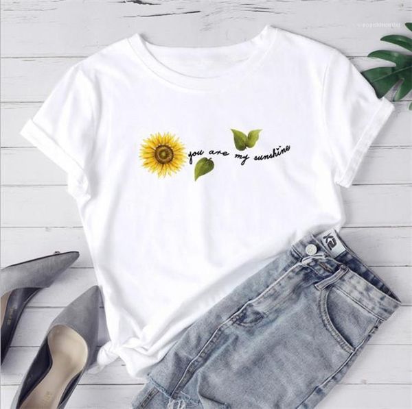 

neck fashion casual clothes womens sunflower letter print tshirt summer designer letter plus size tees females crew, White