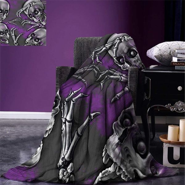 

skull throw blanket scary creepy spooky happy smiling skeleton with boned hand artwork print warm microfiber blanket