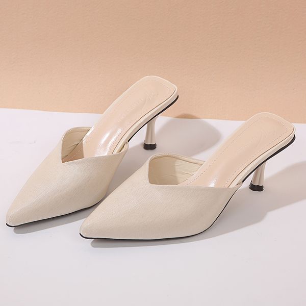 

new women summer mules slippers thin high heels ladies solid pointed toe fashion female outside shoes for girls drop shipping, Black