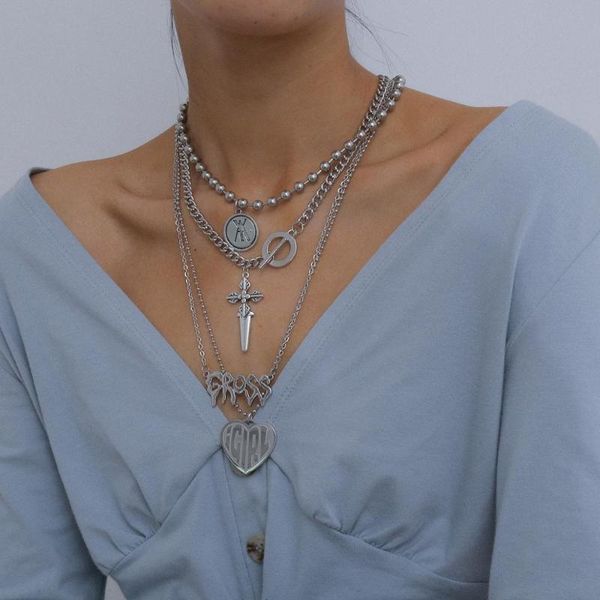 

cross-border hip-hop jewelry exaggerated punk multi- necklace female personality creative round alloy pendant necklace, Silver