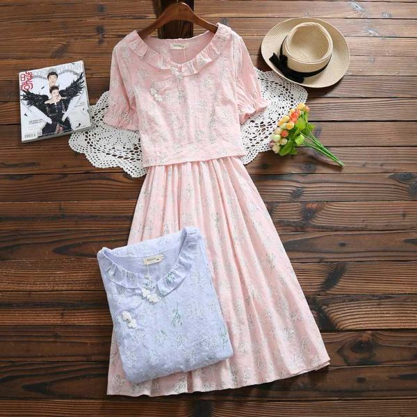 

2020 new arrival japanese fashion cotton linen floral dress women short sleeve flower sweet dress, Black;gray
