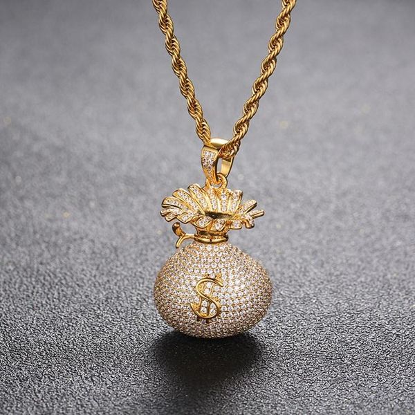 Wholesale хип-хоп замороженный кубический цирконий Золотая сумка для денег кулон ожерелье ювелирные изделия подарок Dropshipping