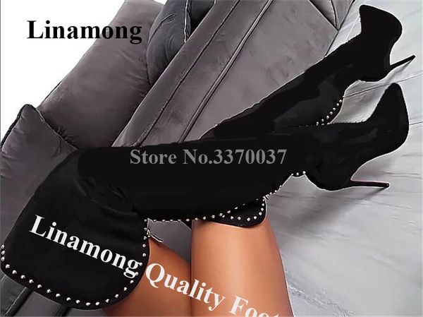 

linamong pointed toe suede leather stiletto heel over knee rivet boots black metal spike long high heel boots dress shoes