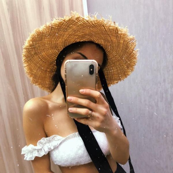 

wide eaves sun visor hat straw women's summer hats new small fresh chiffon streamer straw hat seaside travel sun beach woman, Blue;gray