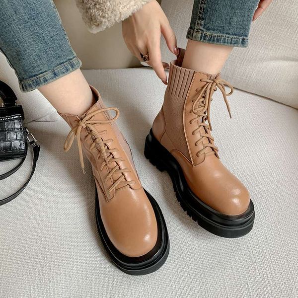 

boots 2021 winter shoes women ankle cow leather vintage round toe keep warm lace up stretch knitting, Black