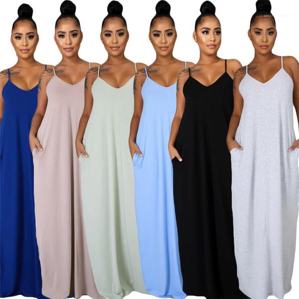 

женская длинное платье с карманами summer casual длина пола женская одежда базовые платья без рукавов designers solid color, Black;gray
