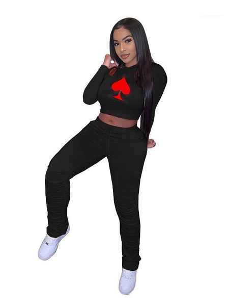 

female clothing long sleeve poker print stacked pants sport 2 pcs set 2020 womens designer tracksuits summer casual, Gray