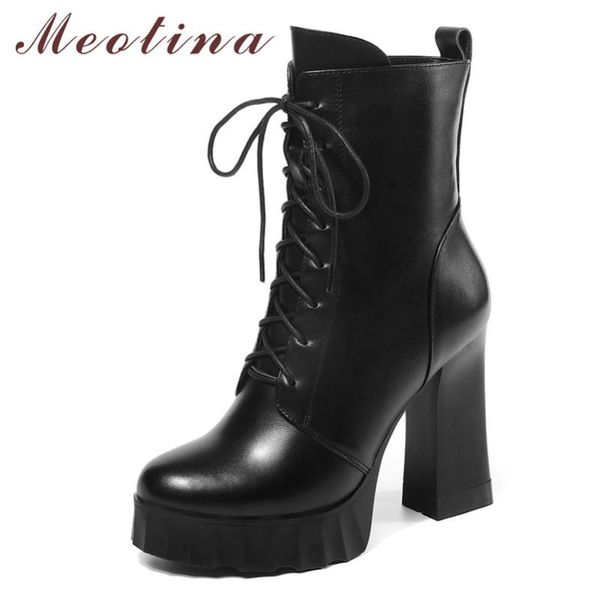 

meotina winter ankle boots women natural genuine leather chunky heel short boots zipper extreme high heel shoes lady size 34-39, Black