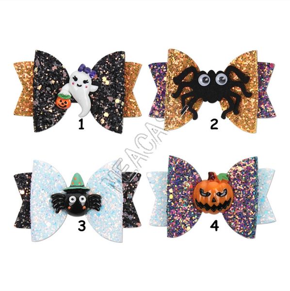 

3inch halloween kids hairpin funny props bows barrettes cartoon pumpkin glitter powder children gift hairpin hair accessories d82002, Slivery;white