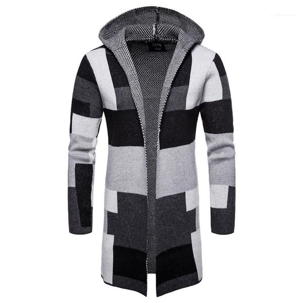 

hooded mens blends knitted striped loose casual male outerwears plaid long mens coats patchwork color cardigan, Black