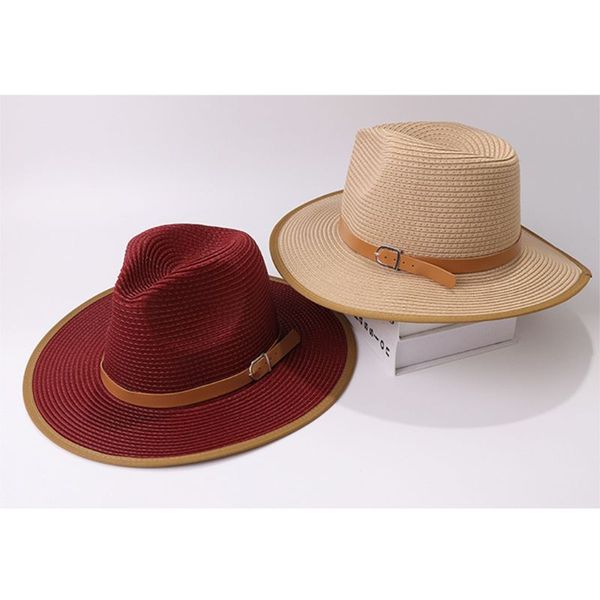 

british style fedora panama sun hat with faux leather belt contrast color wide brim vintage beach cone bucket cap, Blue;gray
