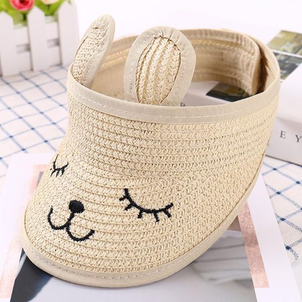

creative lovely cat straw children hat embroidery girls casual summer empty cute shade sunscreen sun beach cap boy korean, Blue;gray