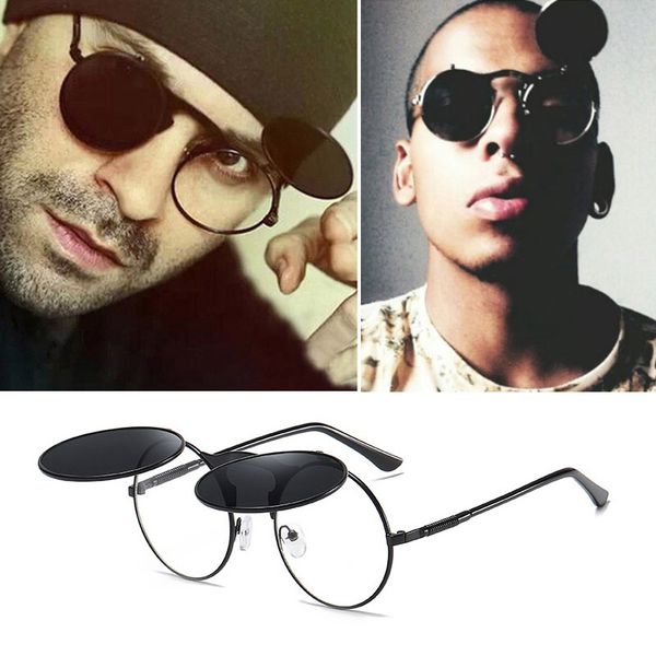 

vintage men's steampunk flip sunglasses women metal frame round sun glasses for men women brand design black clear lens glasses, White;black