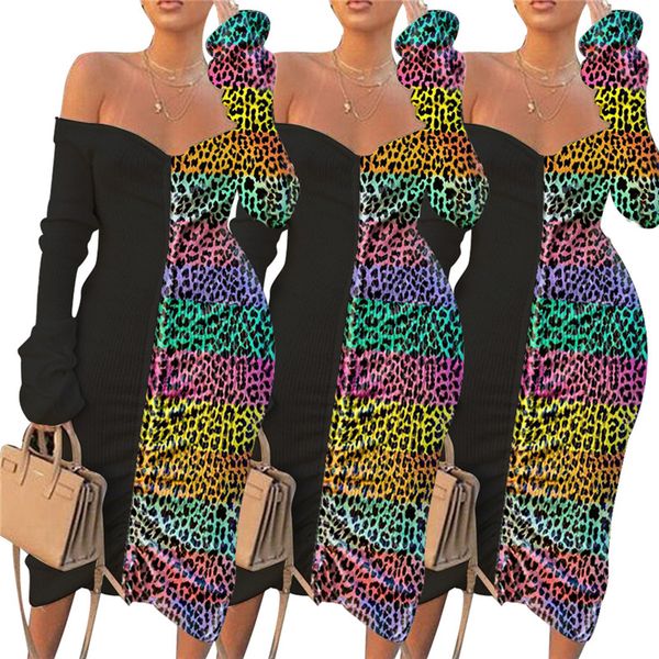 

разрез шеи leopard женщины платья мода плеча с длинным рукавом женщин бальные платья осень конструктора женщин платья, White;black