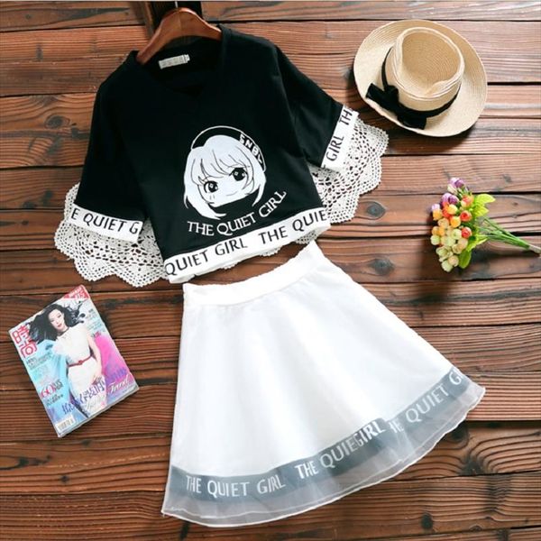

japan style mori girl two pieces set cute cotton girl pattern letter print crop high waist mini mesh skirt sweet elegant, Gray