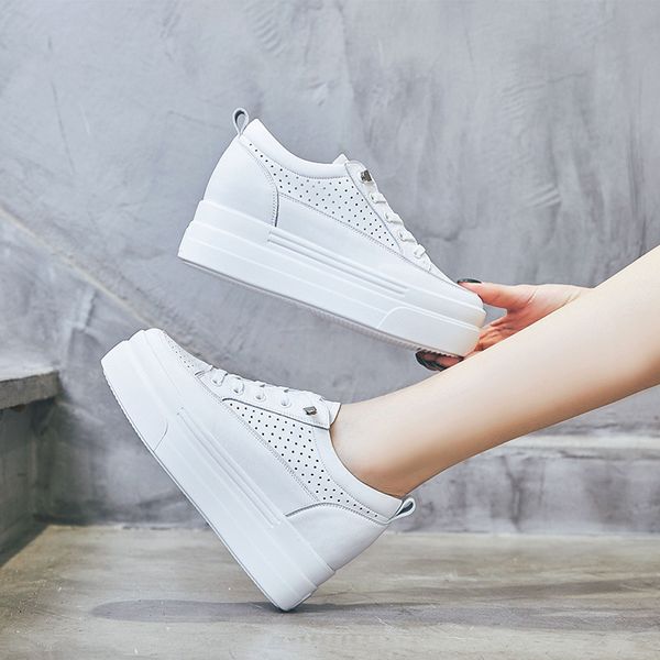 

2020 new women genuine leather thick bottom casual sneakers summer new wild white increased female vulcanized shoes, Black