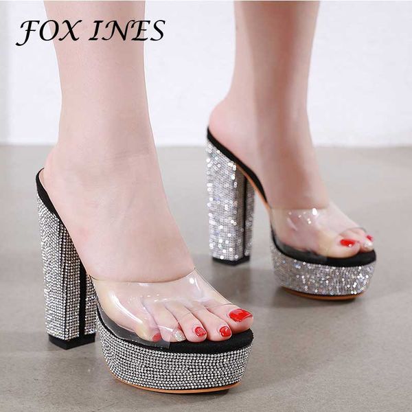 

foxines size 34-40 women high heel sandals bling shine platform sandals dance party wedding slipper women, Black