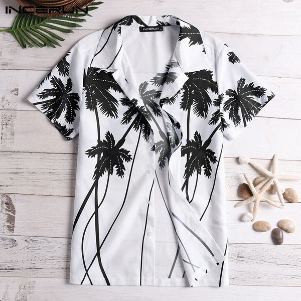 

incerun casual brand shirt men print lapel neck button loose short sleeve tropical beach hawaiian shirt men streetwear 2020, White;black
