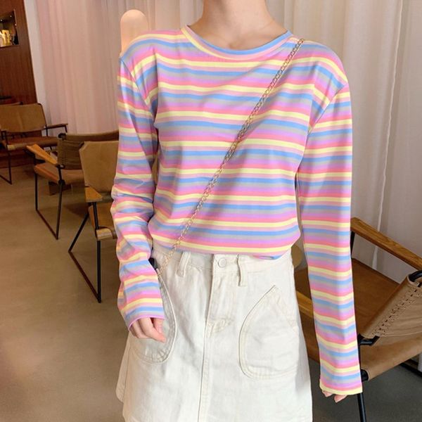 

korean t-shirt women rainbow striped t-shirts autumn casual round collar long sleeve, White