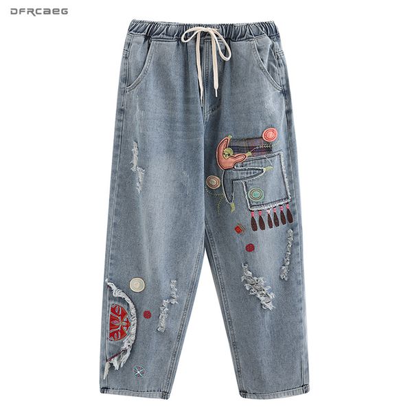 

patchwork embroidery female denim pants with hole 2020 spring elastic waist streetwear plus size women jeans trousers female, Blue