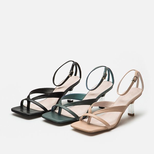 

2020 sandals comfort shoes for women strappy heels all-match flip flops platform large size square toe suit female beige, Black