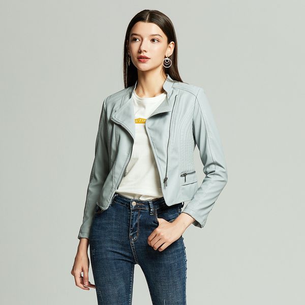 

2020 autumn women motorcycle pu leather jacket solid color slim leather jacket women casual stand collar zipper, Black