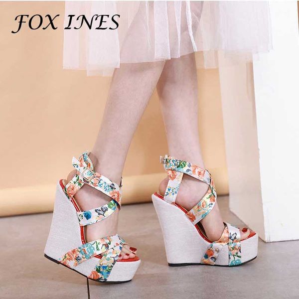 

foxines new slope sandals women's 2020 fashion runway show silk printed high heels waterproof and comfortable sandals size 40, Black