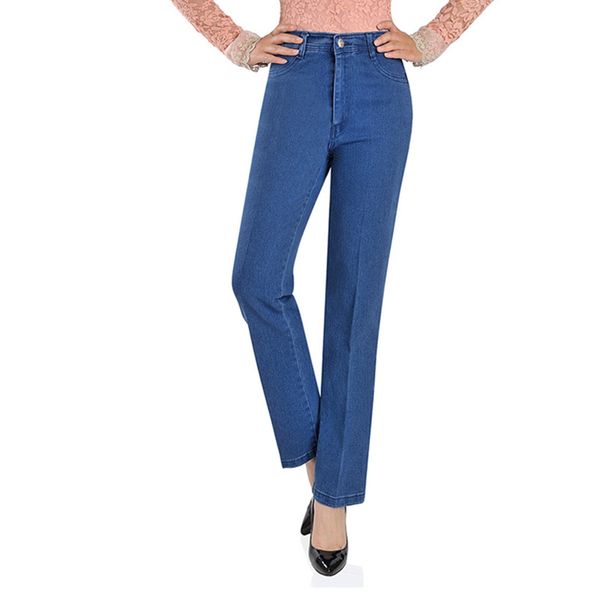 

2020 new middle-aged high waist elastic pants straight jeans slim plus size women long trousers pants female was thin, Blue