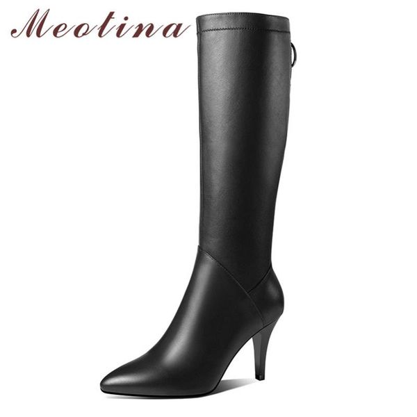 

meotina winter knee high boots women natural genuine leather thin heel long boots zip super high heel shoes lady autumn size 39, Black