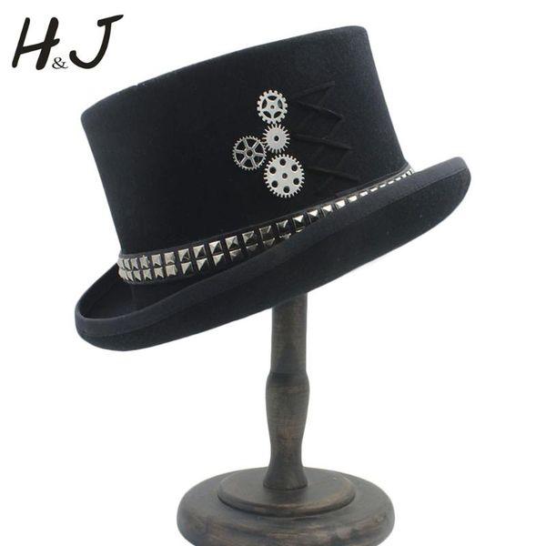 

100% wool black women men steampunk hat with handmade steam punk gear fedora cosplay show hat 15cm 4 size, Blue;gray