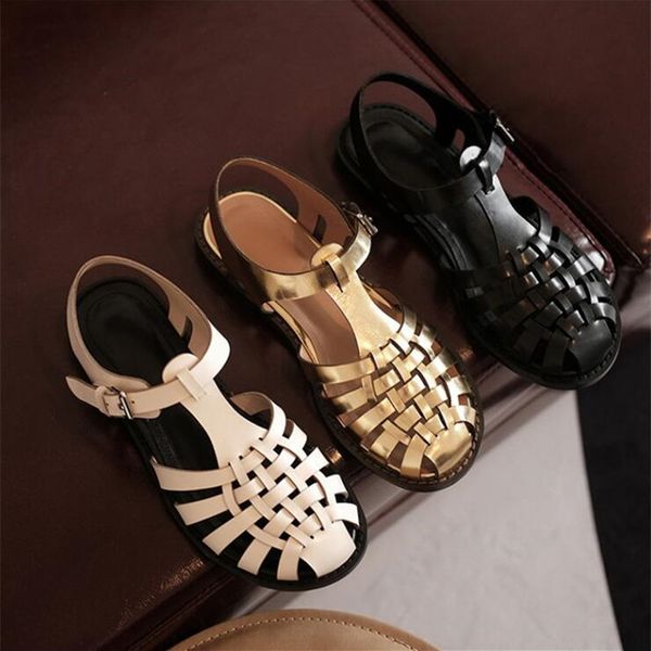 

new sandals women woven flat beach shoes hollow round toe gold black sandals summer ladies casual shoes