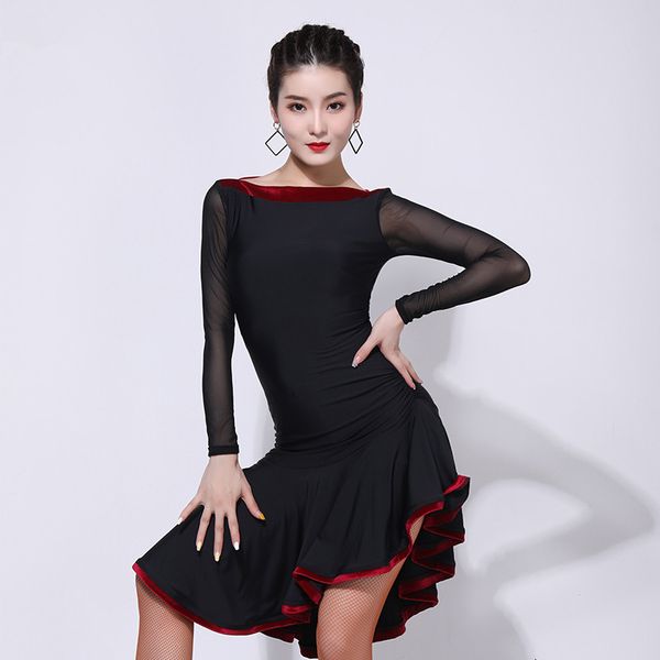 

stage wear women latin competition dance dresses mesh long sleeved standard practice dress female ballroom samba clothing in stock, Black;red