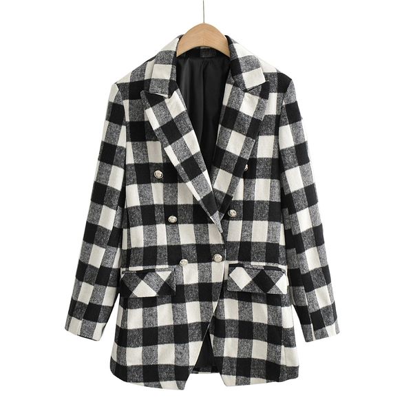 

women's jacket autumn new fashion double-breasted plaid female suit classical style outerwear casual elements size : s, Black;brown