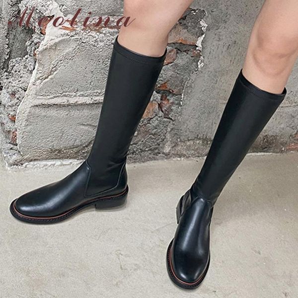 

meotina women knee-high boots shoes natural genuine leather flats long boots ladies autumn fashion riding winter black 40