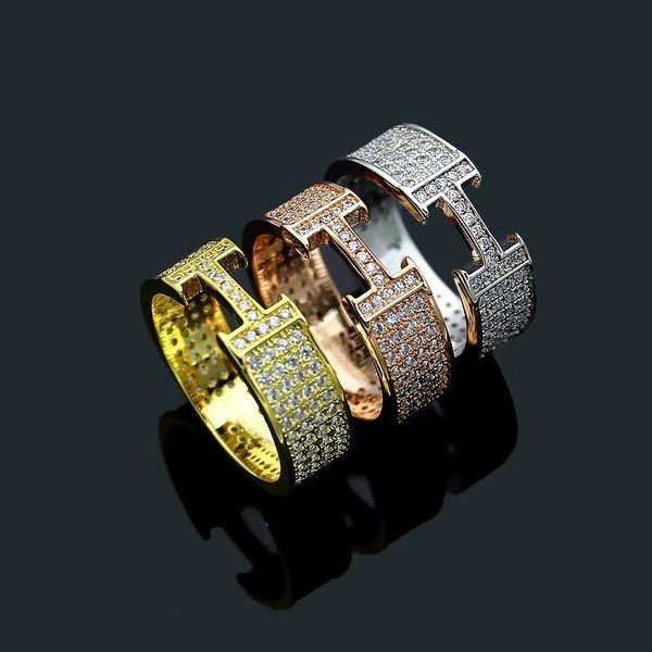 

2020 designer titanium steel jewelry h letter full diamond ring sub gold version h diamond inlaid couple ring men's and women's ri, Silver