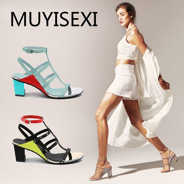 

gladiator sandals women 5cm chunky high heel shoes woman straps narrow band sandalias mujer zapatos mujer tacon hl153 muyisexi, Black