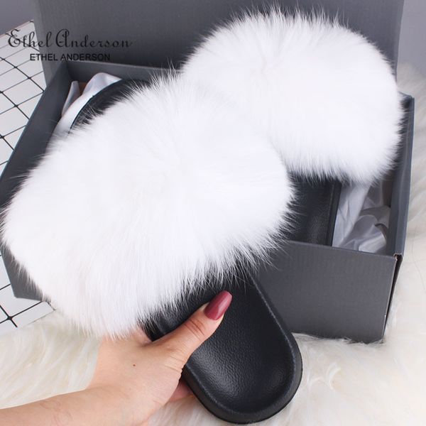 

ethel anderson summer fur slippers real fur slides plush shoes female slipper wholesale, Black
