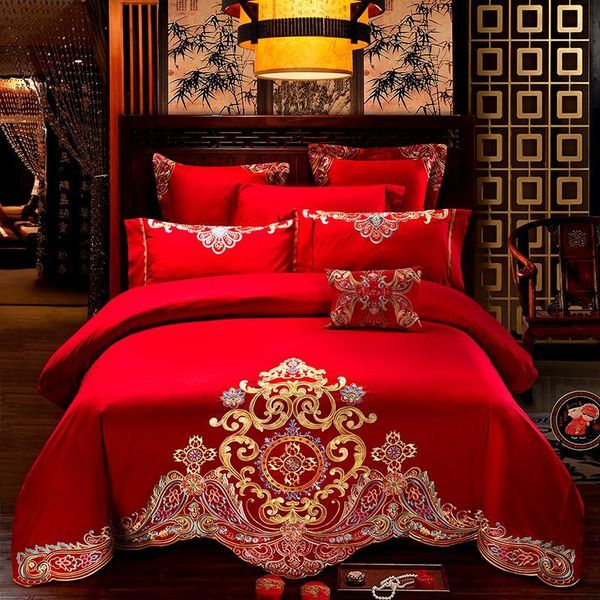 

j2 egyptian cotton luxury red chinese wedding bedding set king  size embroidery bed set duvet cover bed sheet