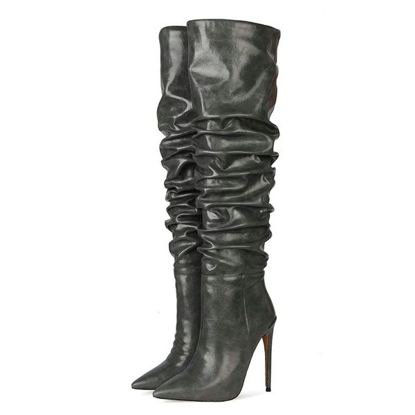 

2020 fashion pleated autumn boots women slip on thin high heel knee high boots ladies pointed toe faux leather shoes woman, Black