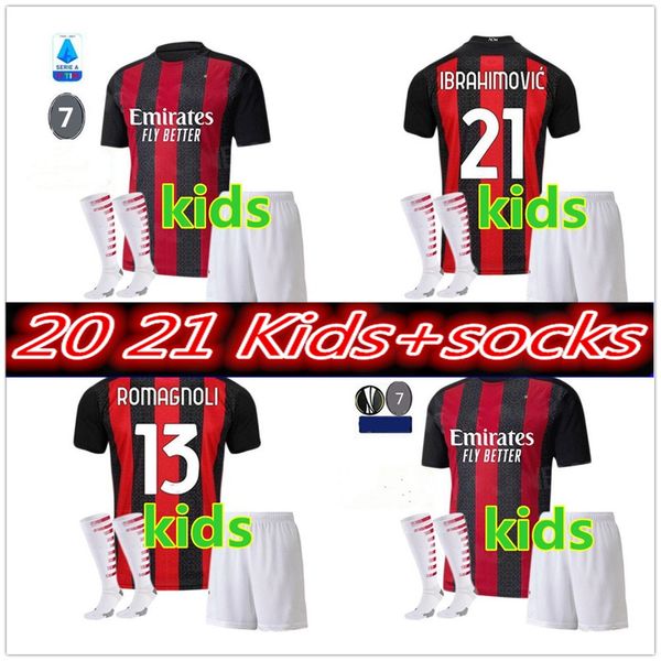 

ac 2020 2021 milan ibrahimovic soccer jerseys set 20 21 youth child piatek paqueta theo rebic football shirts kids kit uniforms, Black