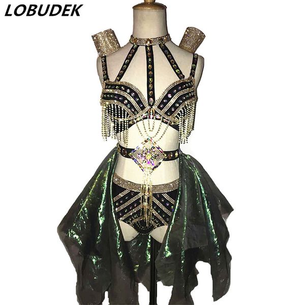 

bar female dj singer ds costumes sparkly crystals costume rhinestones bikini set performance outfits dancer jazz stage show, Black;red