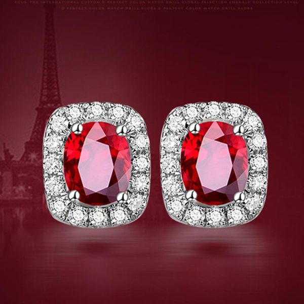 

small elegant ruby gemstones red crystal stud earrings women fashion zircon diamond white gold sterling silver925 luxury jewelry, Golden;silver